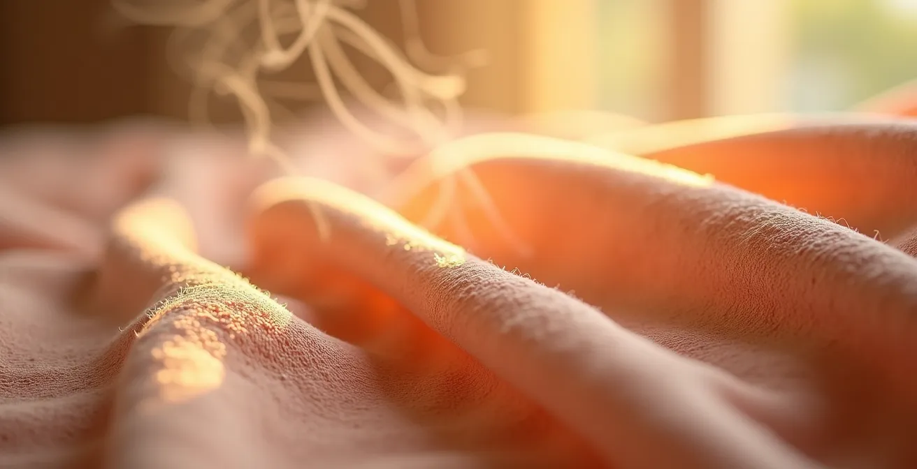 Makroaufnahme von warmen Kompressen und Wärmekissen auf weichem Stoff