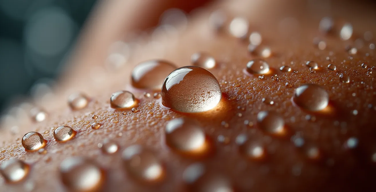 Makroaufnahme von Schweisstropfen auf der Haut nach intensivem Training