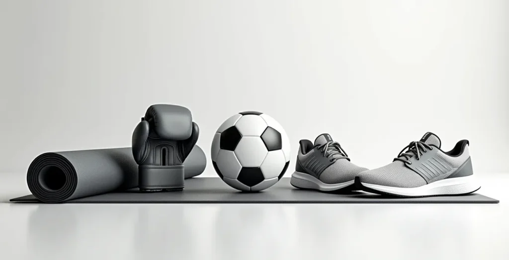 Verschiedene Sportgeräte arrangiert als symbolische Darstellung unterschiedlicher Bewegungstypen Verschiedene Sportgeräte arrangiert als symbolische Darstellung unterschiedlicher Bewegungstypen